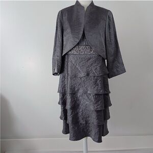 R&M RICHARDS SHIMMERY GRAY 2PC TIERED EMPIRE STYLE DRESS & MATCHING BALERO SZ 14